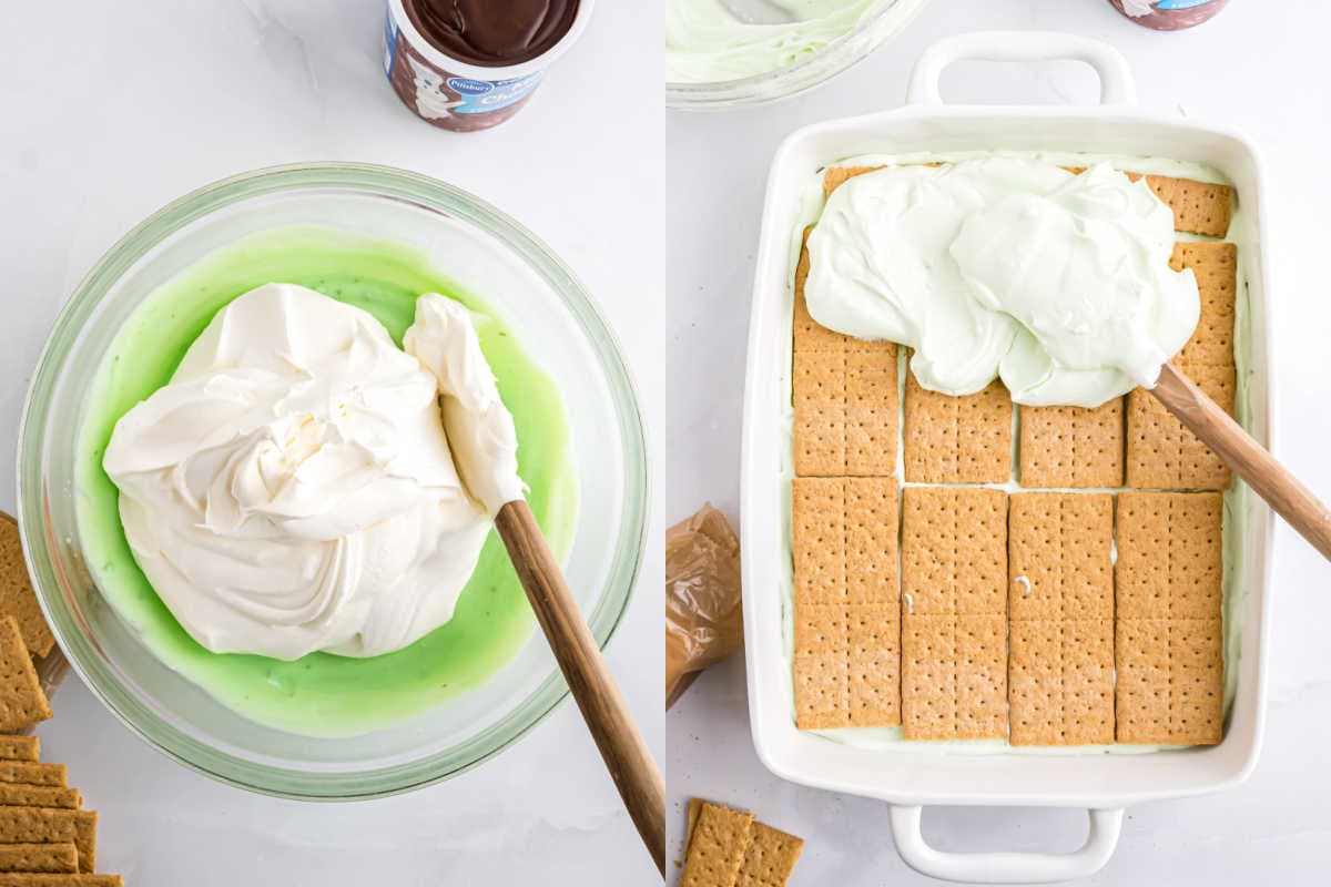 A bowl of green and white cream sits next to a dish of Pistachio eclair cake, with graham crackers and cream being spread on top.