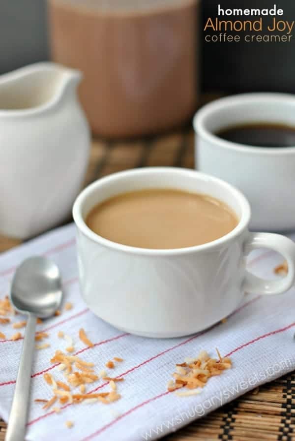 Cup of coffee with homemade almond joy coffee creamer.