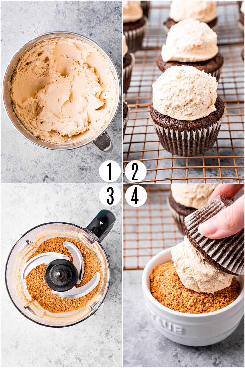 Step by step photos showing how to make butterfinger frosting.