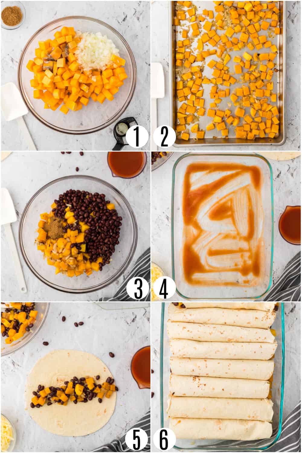 Step by step photos showing how to make butternut squash enchiladas.
