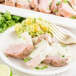 Pork tenderloin with cilantro sauce on a white plate.