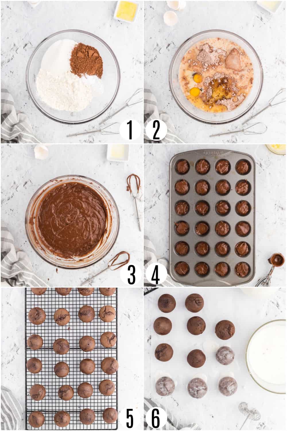 Step by step photos showing how to make chocolate donut holes.