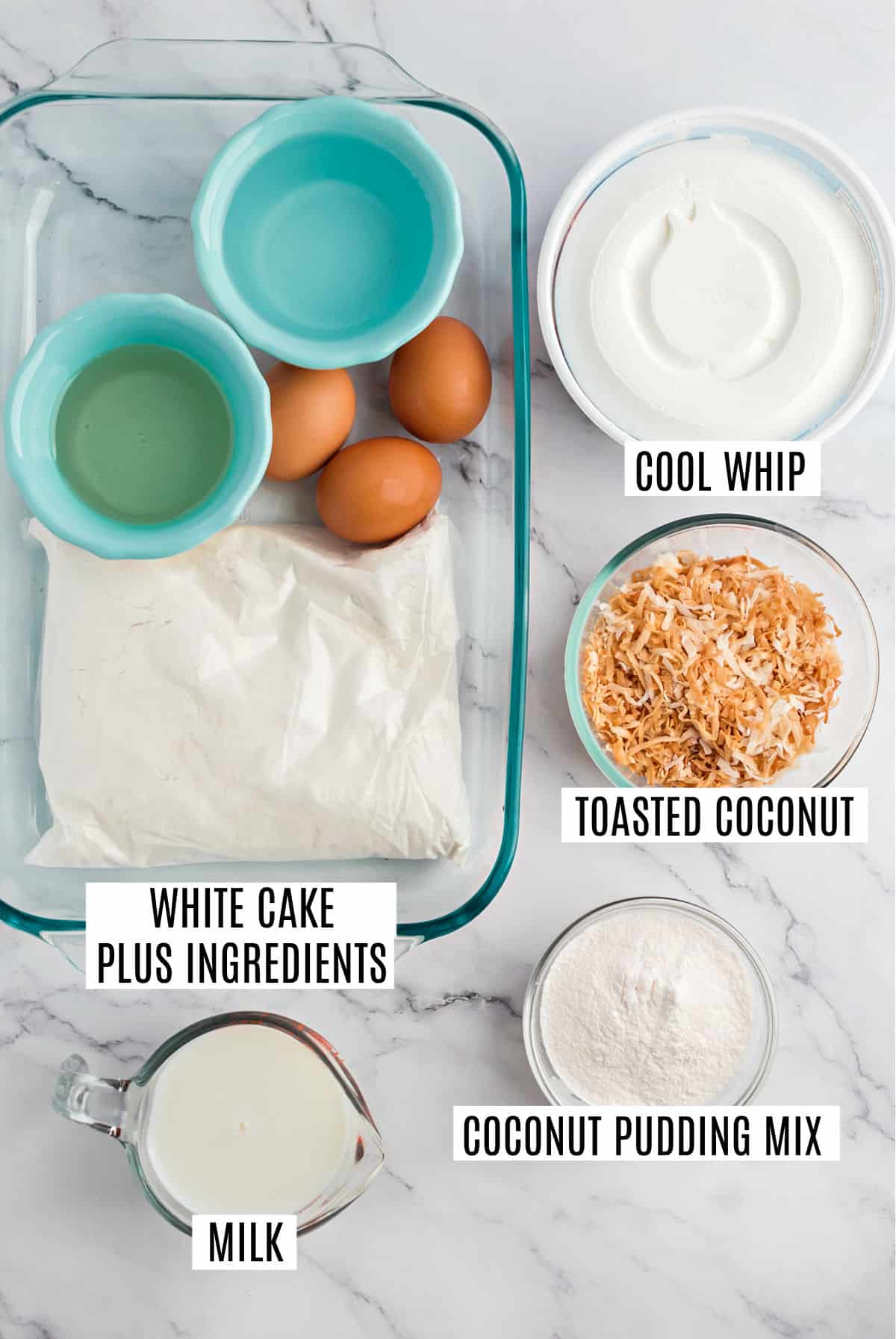 Ingredients needed to make coconut pudding cake.