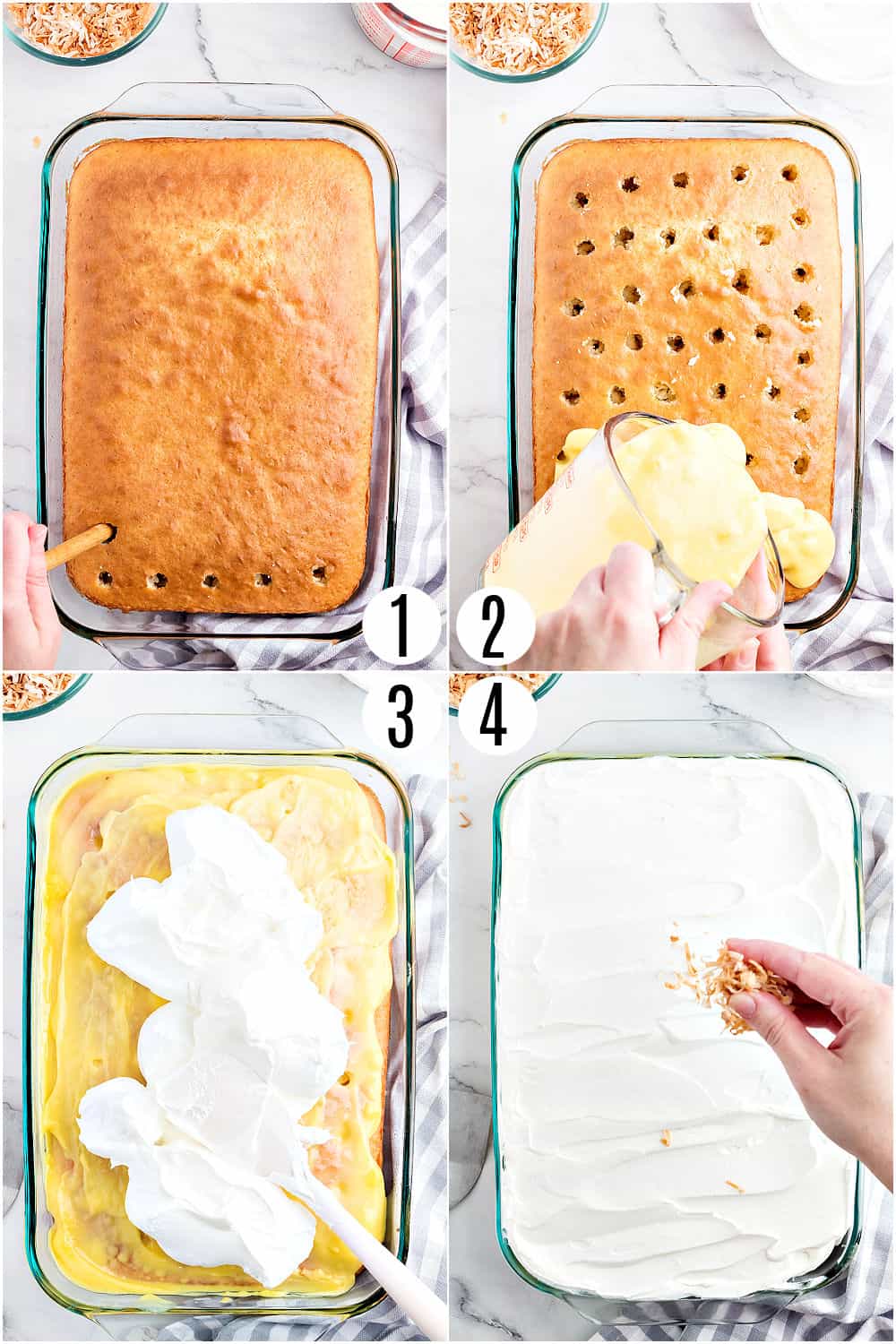 Step by step photos showing how to make coconut pudding cake.