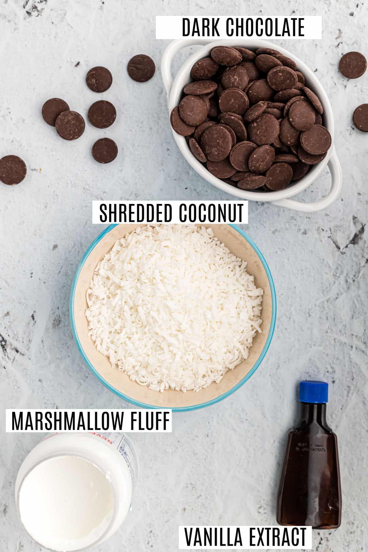Ingredients needed to make coconut truffles.
