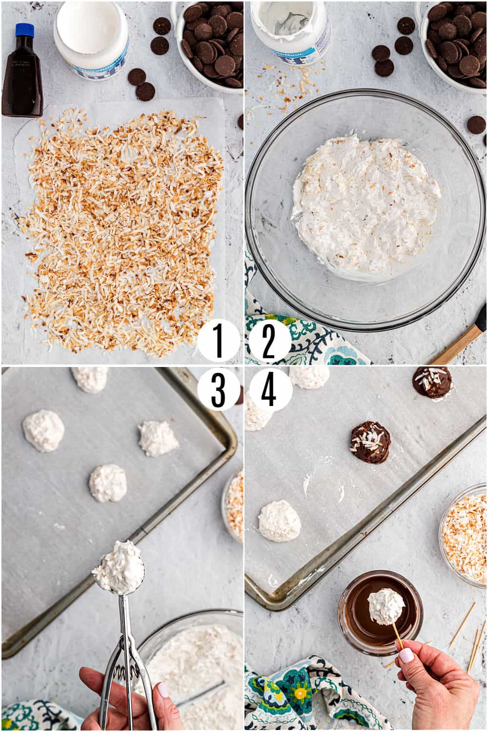 Step by step photos showing how to make coconut truffles.