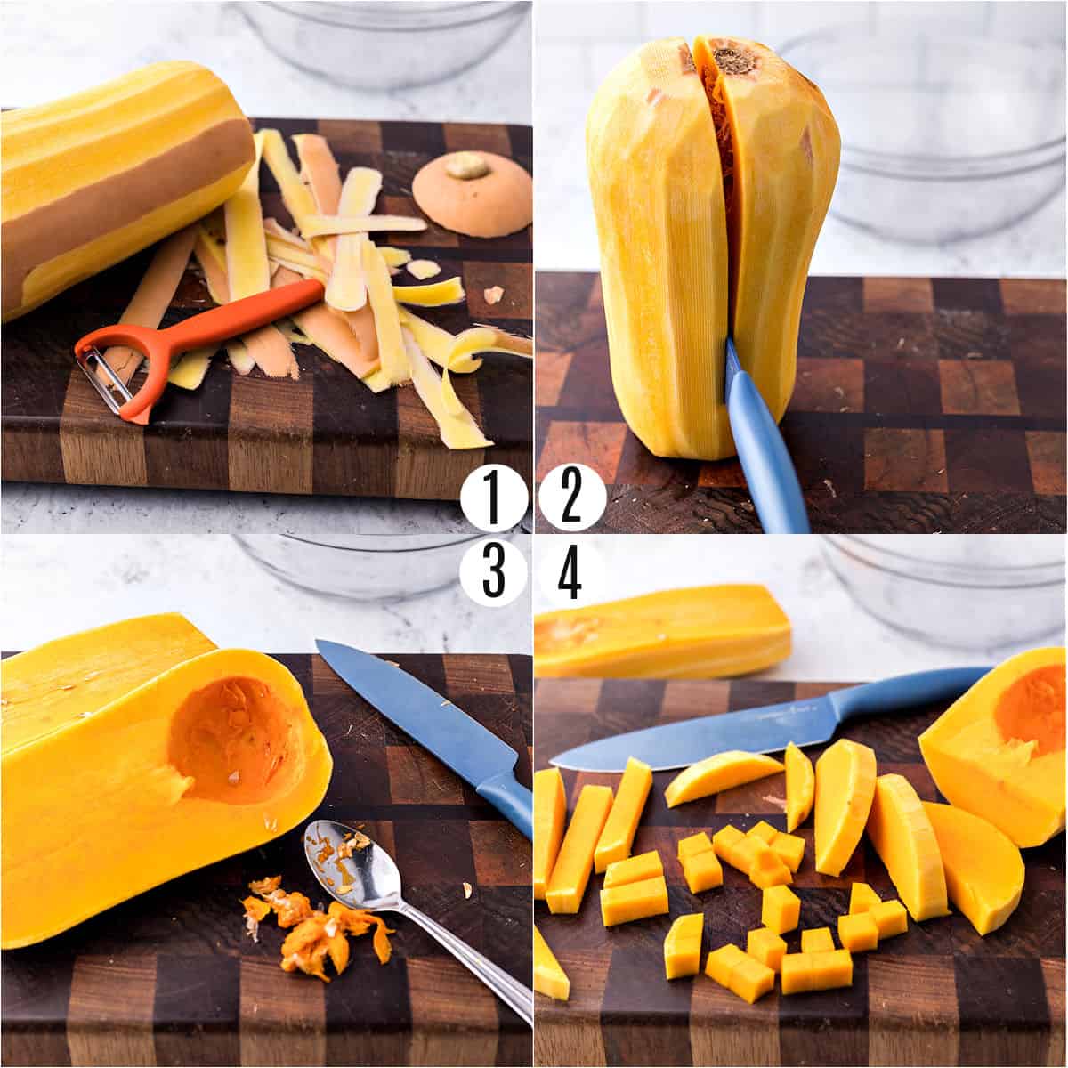 Step by step photos showing how to cut a butternut squash.