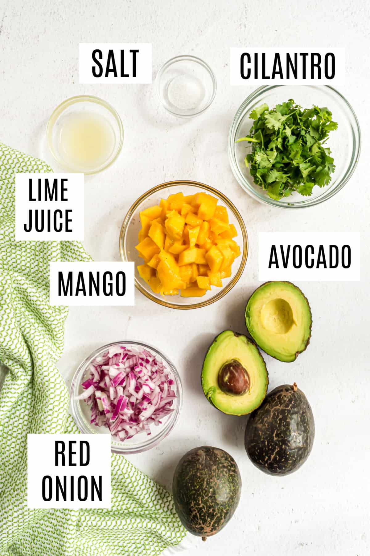 Ingredients needed to make mango guacamole.