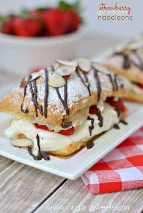 Strawberry Cheesecake Napoleons: easy, delicious dessert with a no bake cheesecake filling and topped with sliced almonds #thinkfisher