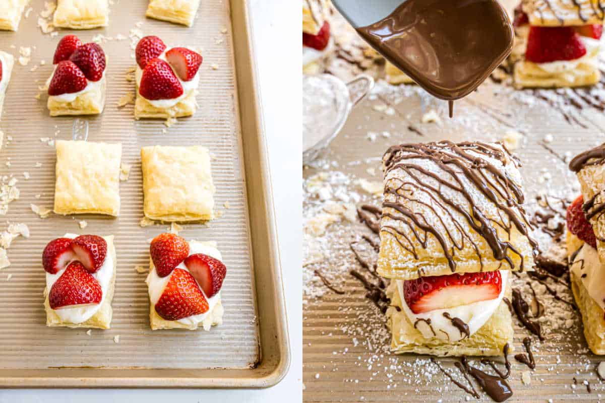 Puff pastry squares with cream and strawberries, some drizzled with chocolate on a baking sheet—these strawberry cheesecake napoleons make for a delightful treat.