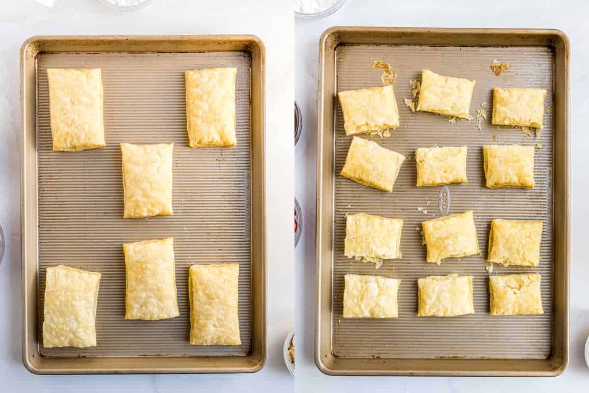 Two baking sheets: left with six unbaked strawberry cheesecake napoleons, right with baked pastries cut into pieces.
