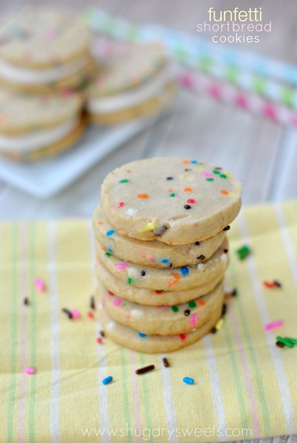 Stacked funfetti shortbread cookies.
