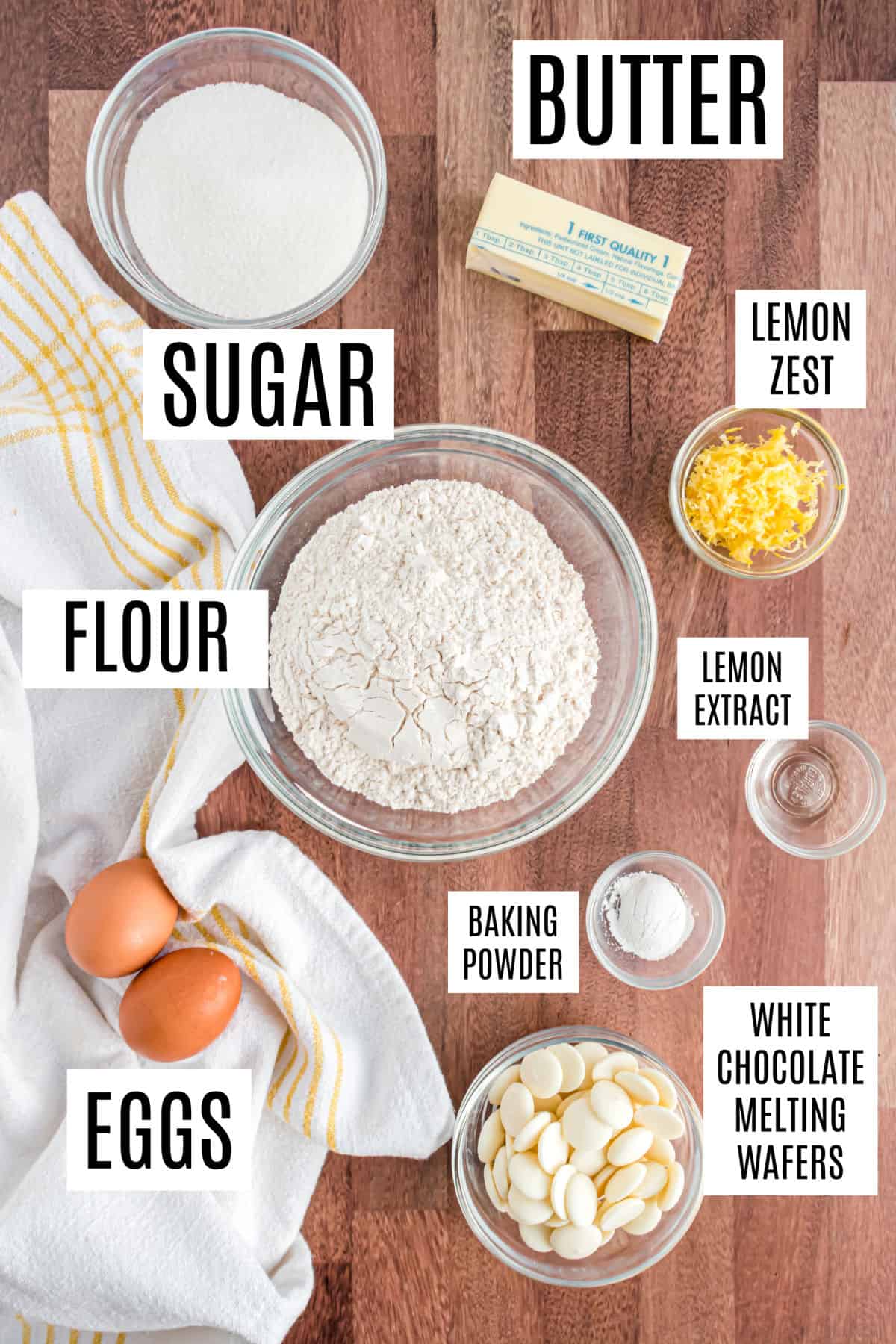 Ingredients needed to make lemon biscotti.