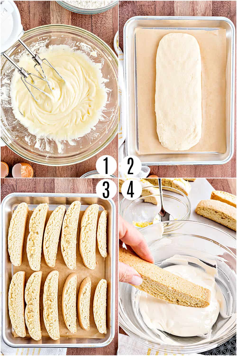 Step by step photos showing how to make lemon biscotti dipped in white chocolate.