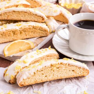 Lemon Biscotti is a crunchy sweet homemade treat with a citrus twist! Coffee time is even better with a plate of homemade biscotti. Dip in white chocolate for a perfect finishing touch.