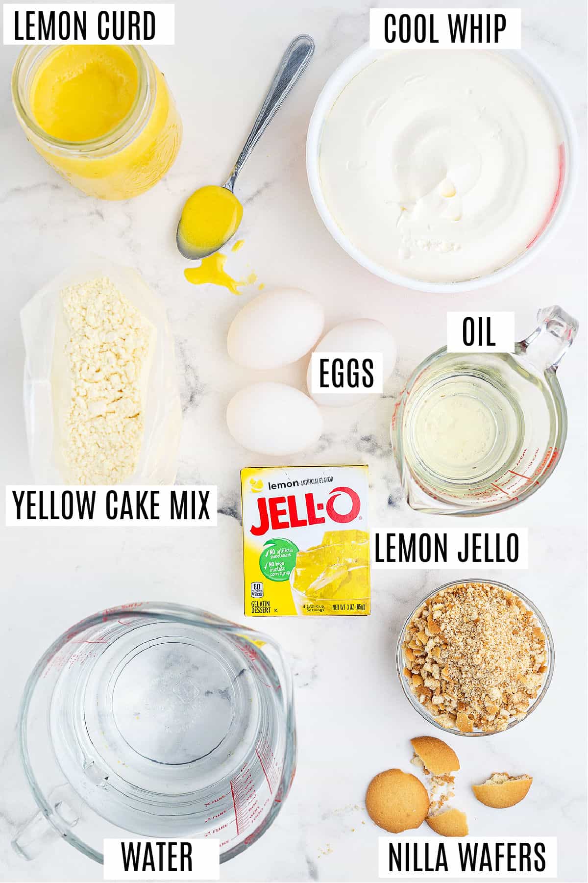 Ingredients needed to make a lemon jello poke cake recipe.