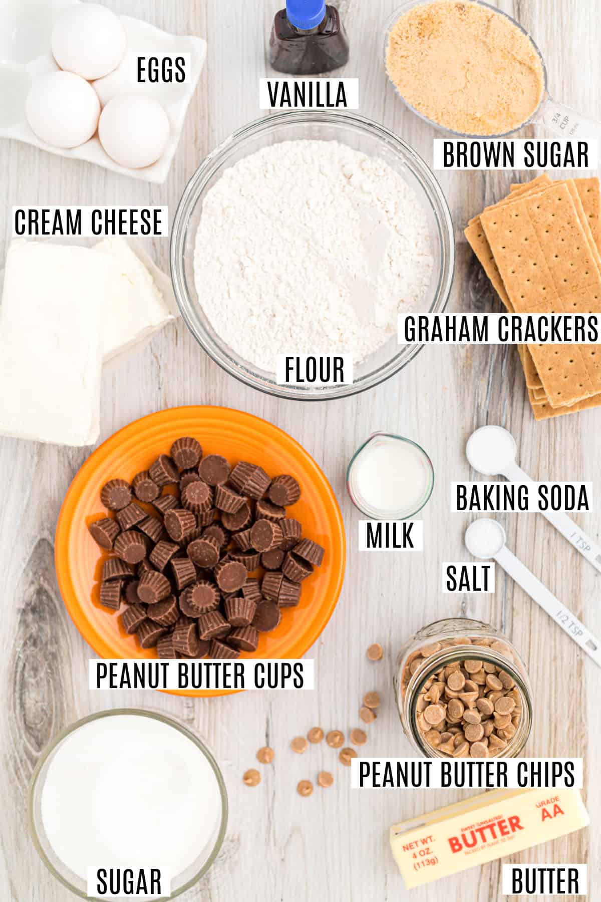 Ingredients needed to make peanut butter cheesecake bars.