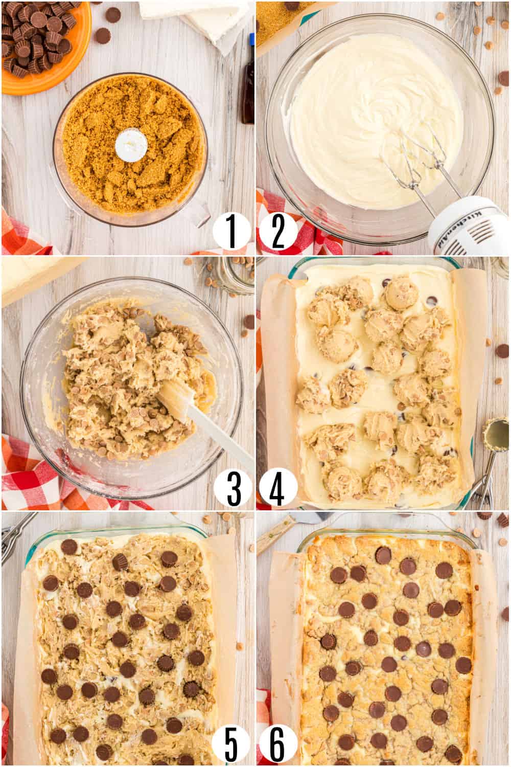 Step by step photos showing how to make peanut butter cheesecake bars.