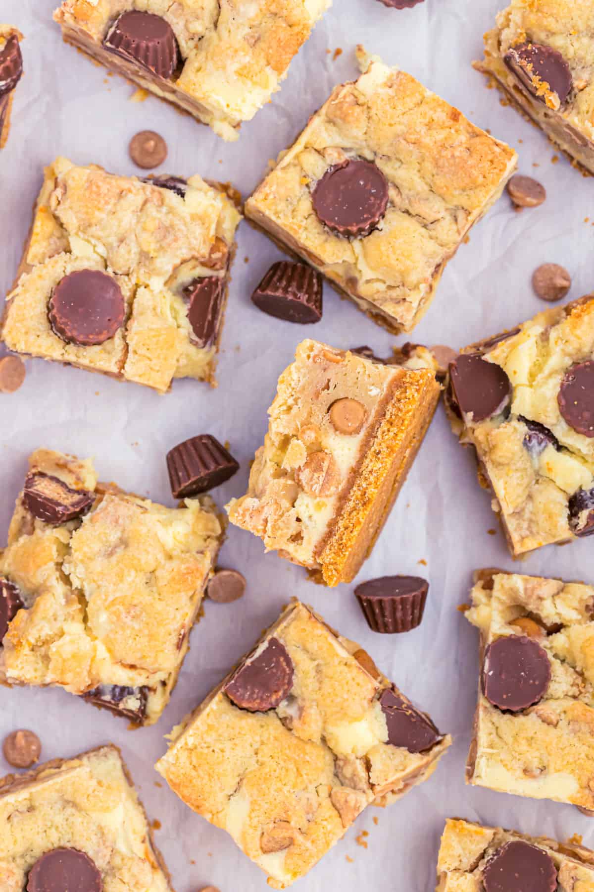 Peanut butter cup cheesecake bars sliced into squares.