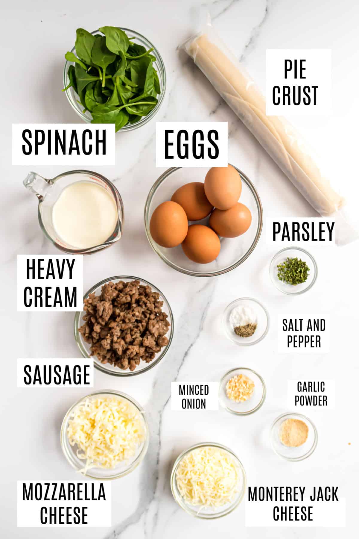 Ingredients needed to make spinach quiche.