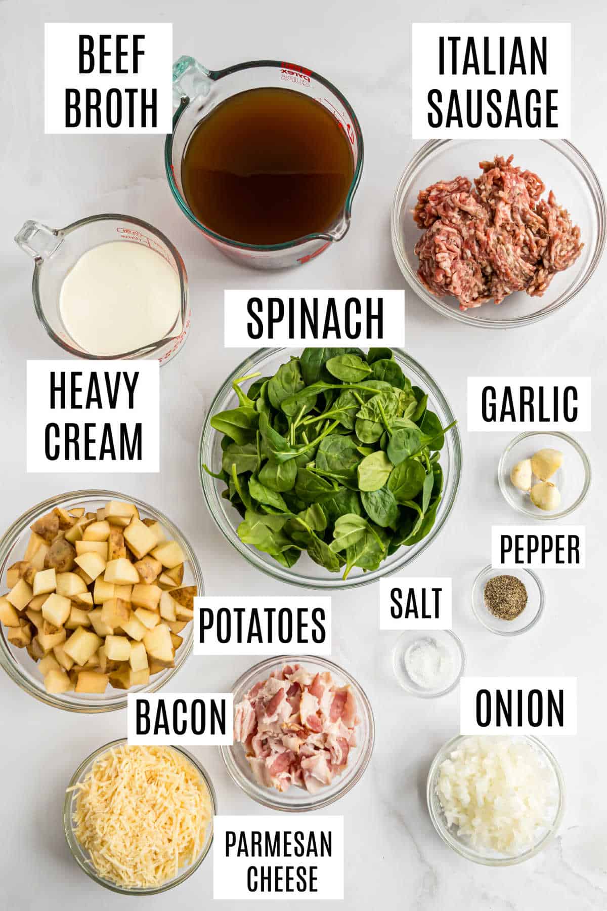 Ingredients needed to make zuppa toscana soup.