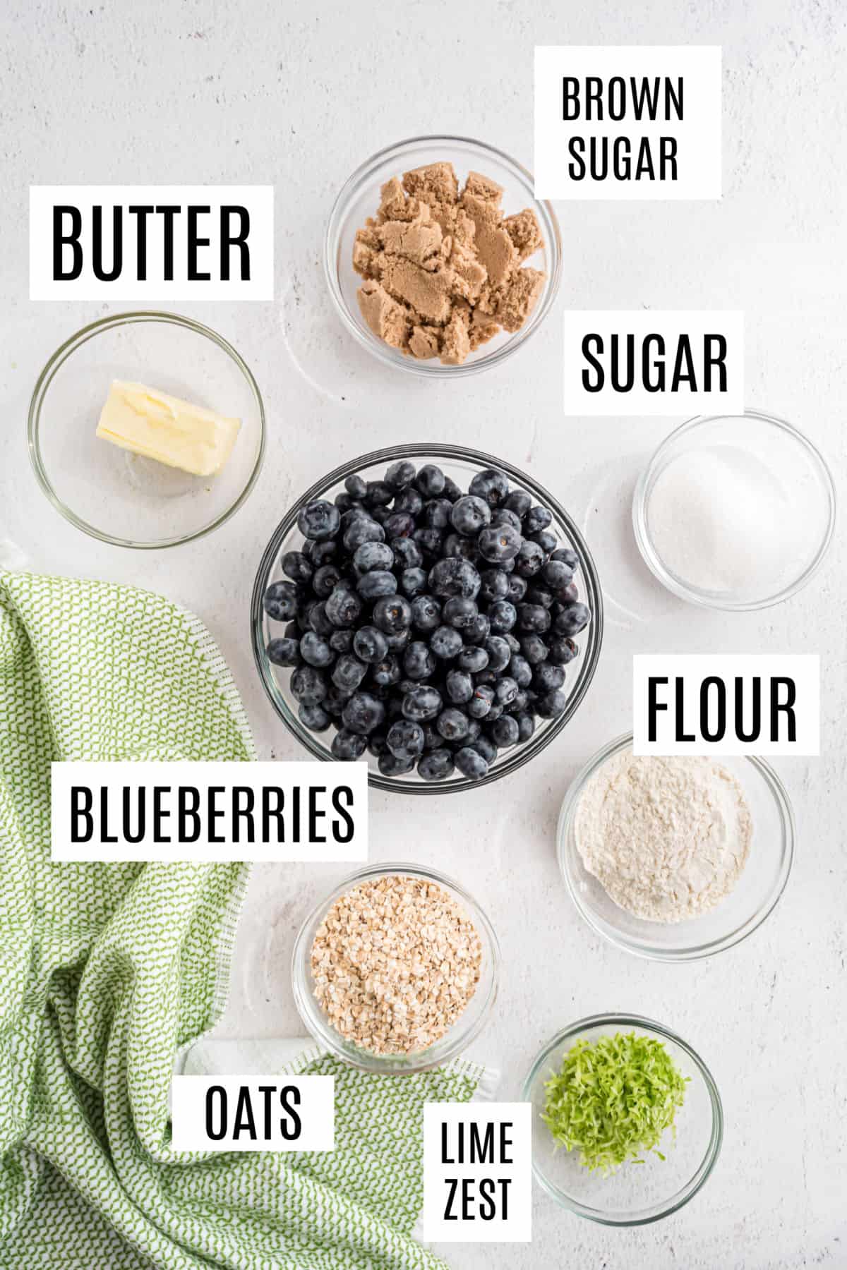 Ingredients needed to make blueberry lime crumble.