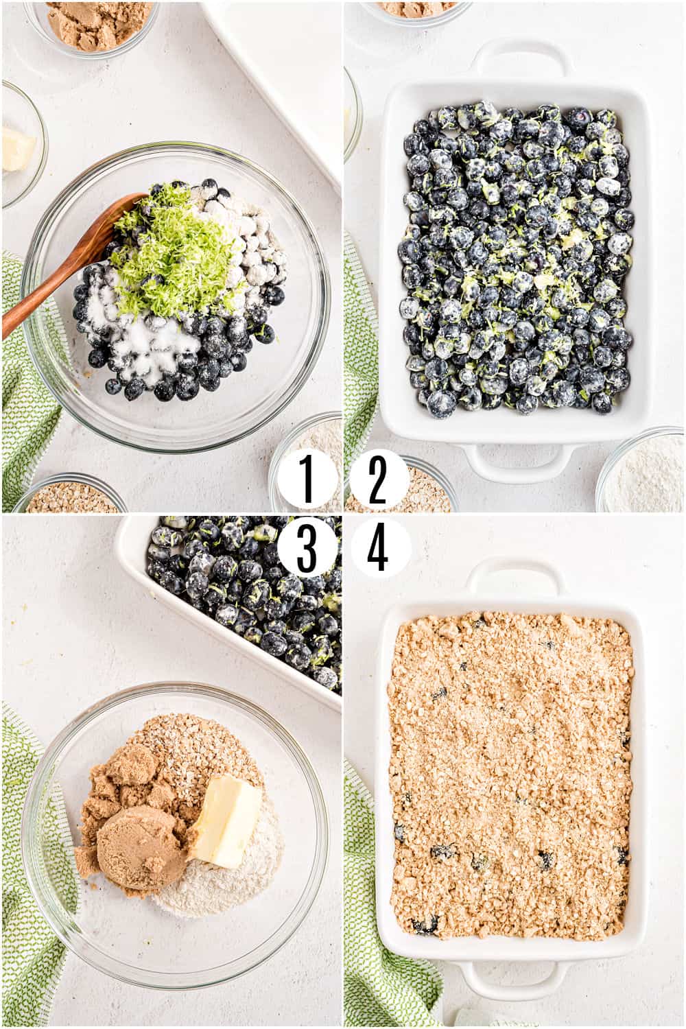 Step by step photos showing how to make a blueberry crumble.