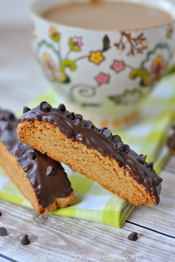 Chocolate Peanut Butter Biscotti: crunchy peanut butter biscotti topped with a generous layer of smooth chocolate!