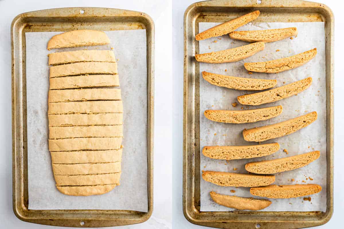 Two baking trays: one with a whole baked loaf sliced, the other with chocolate peanut butter biscotti slices arranged for their second baking.