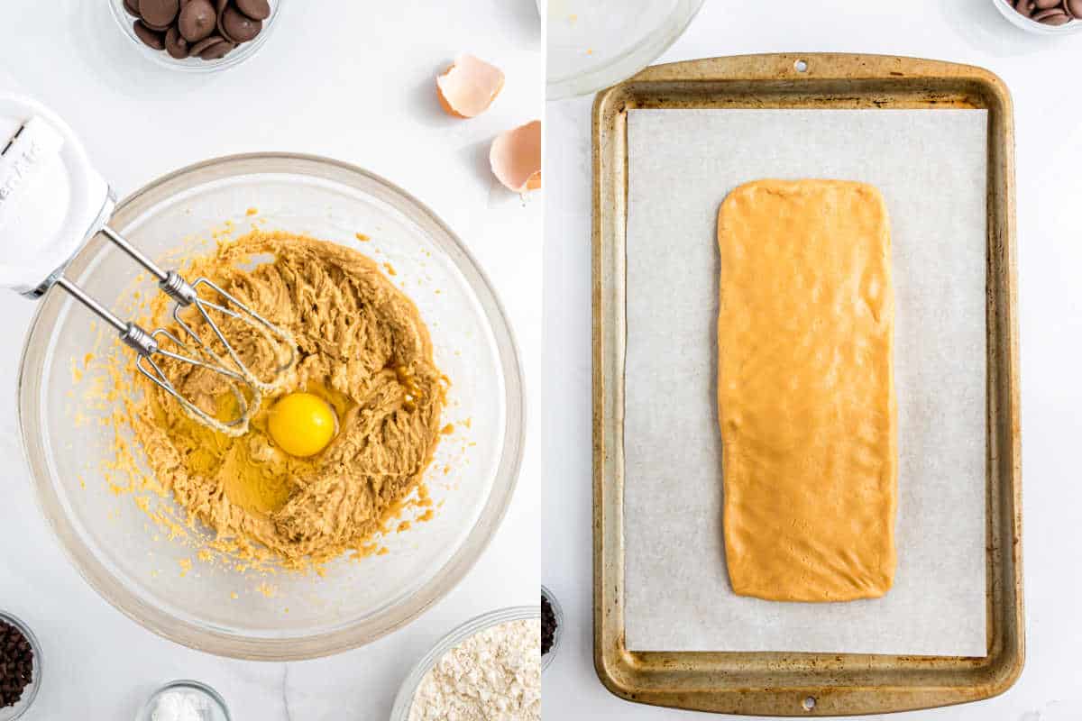 Left: Chocolate peanut butter biscotti dough with an egg in a bowl. Right: Dough rectangle on a parchment-lined baking sheet.