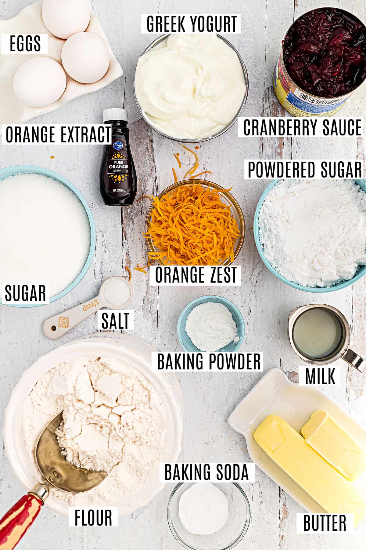 Ingredients needed to make cranberry orange bread.