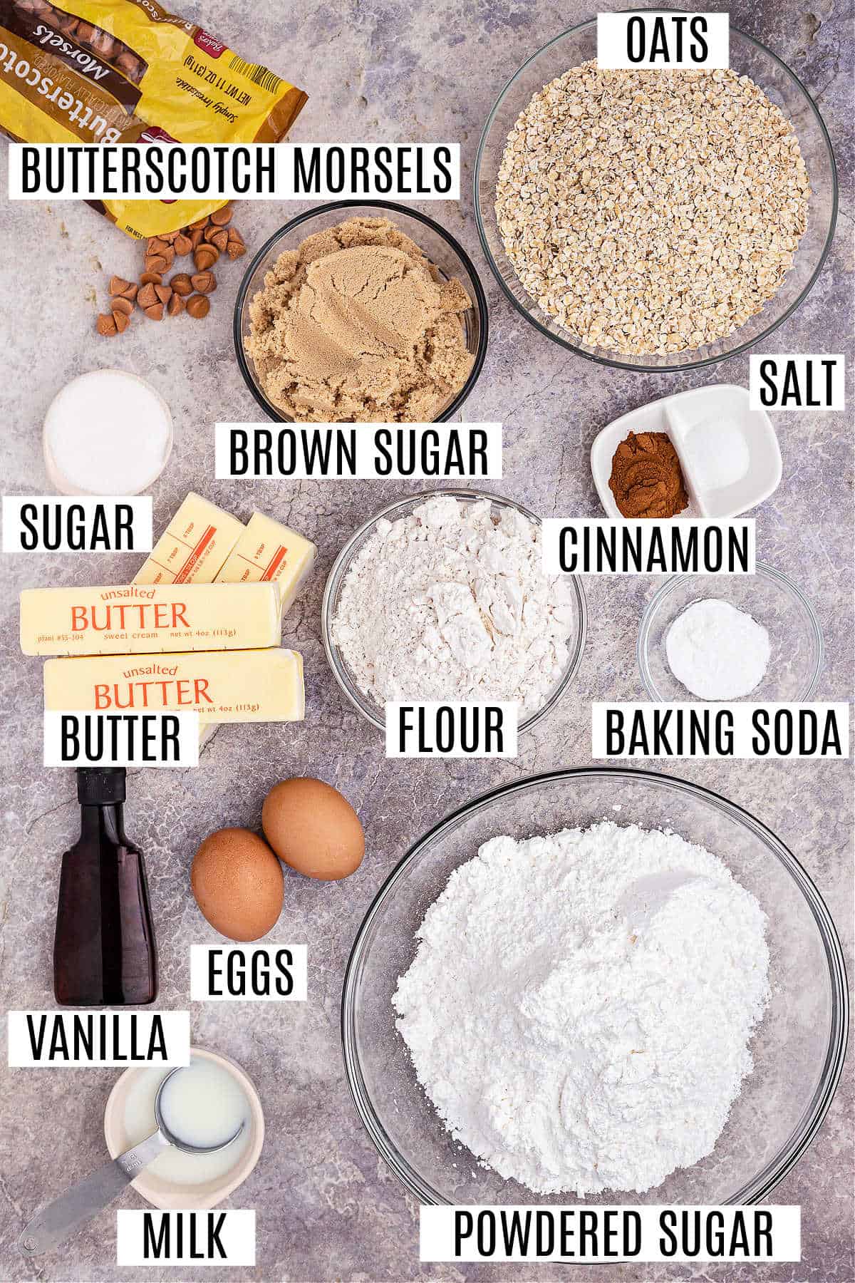 Ingredients needed for oatmeal butterscotch cookie bars.