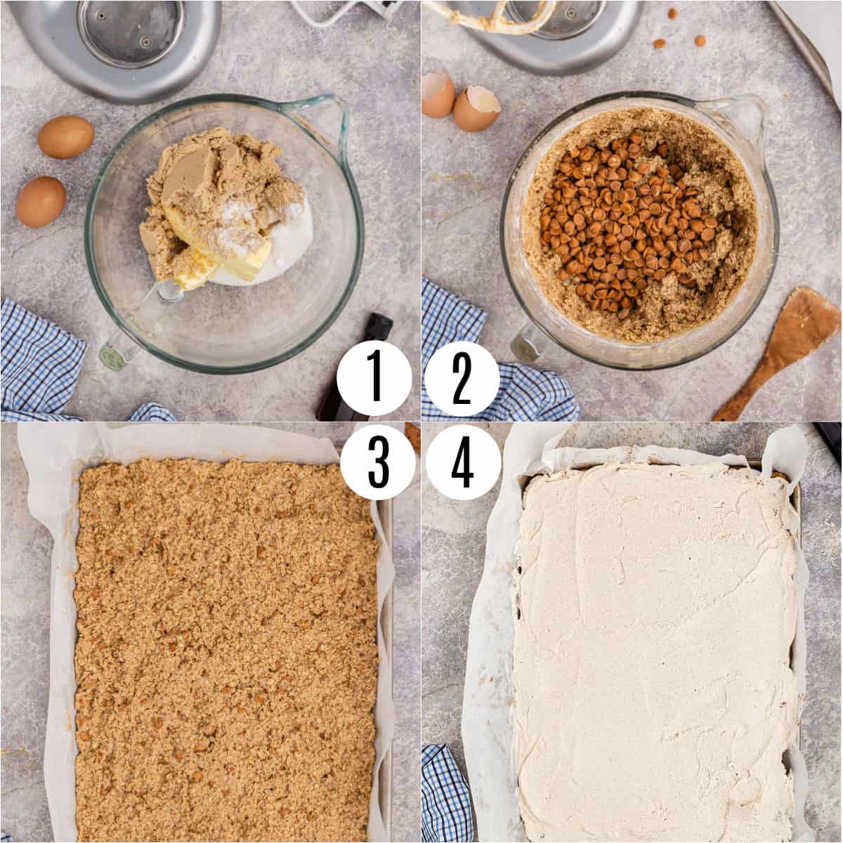 Step by step photos showing how to make oatmeal scotchie cookie bars.