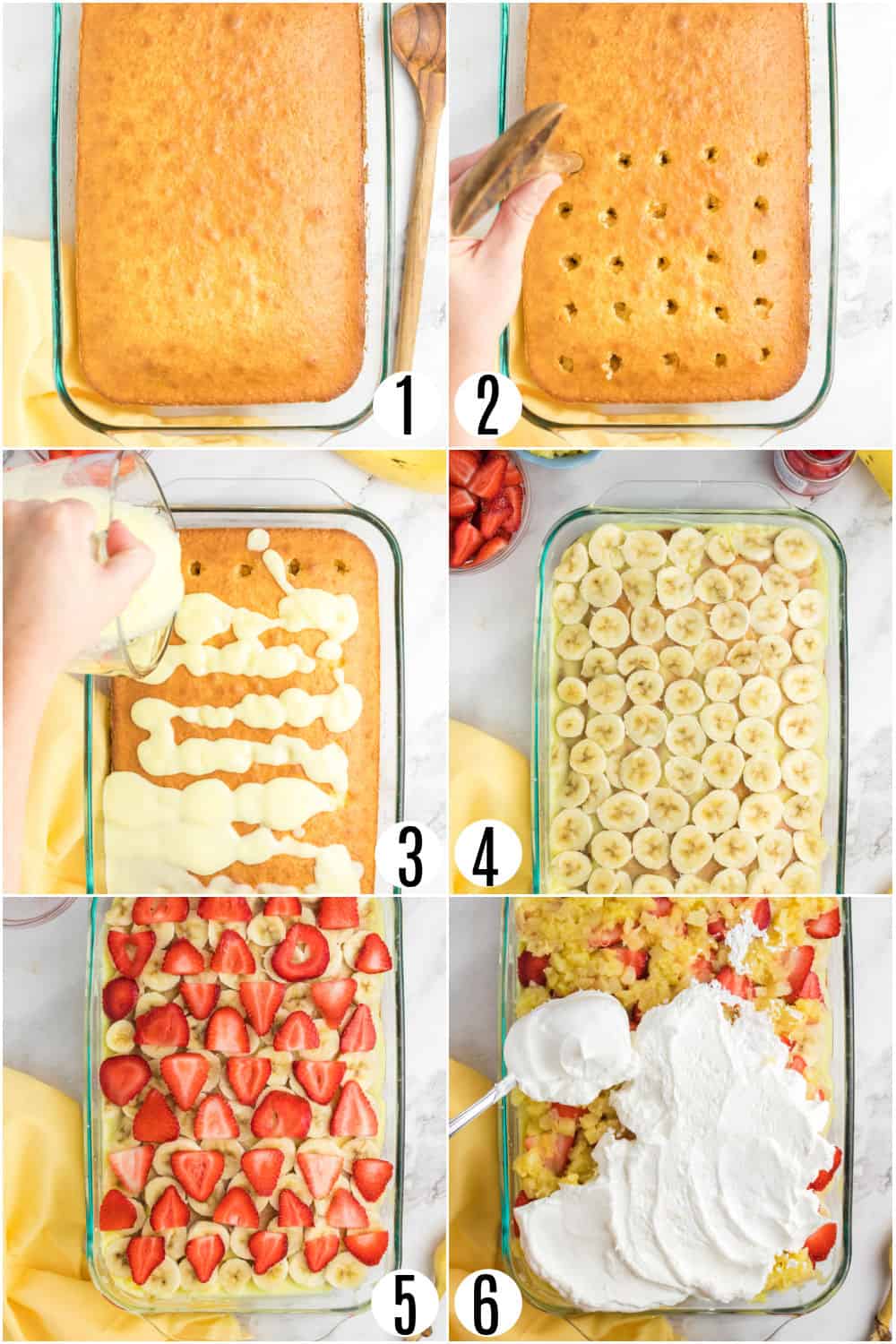 Step by step photos showing how to make banana split cake.