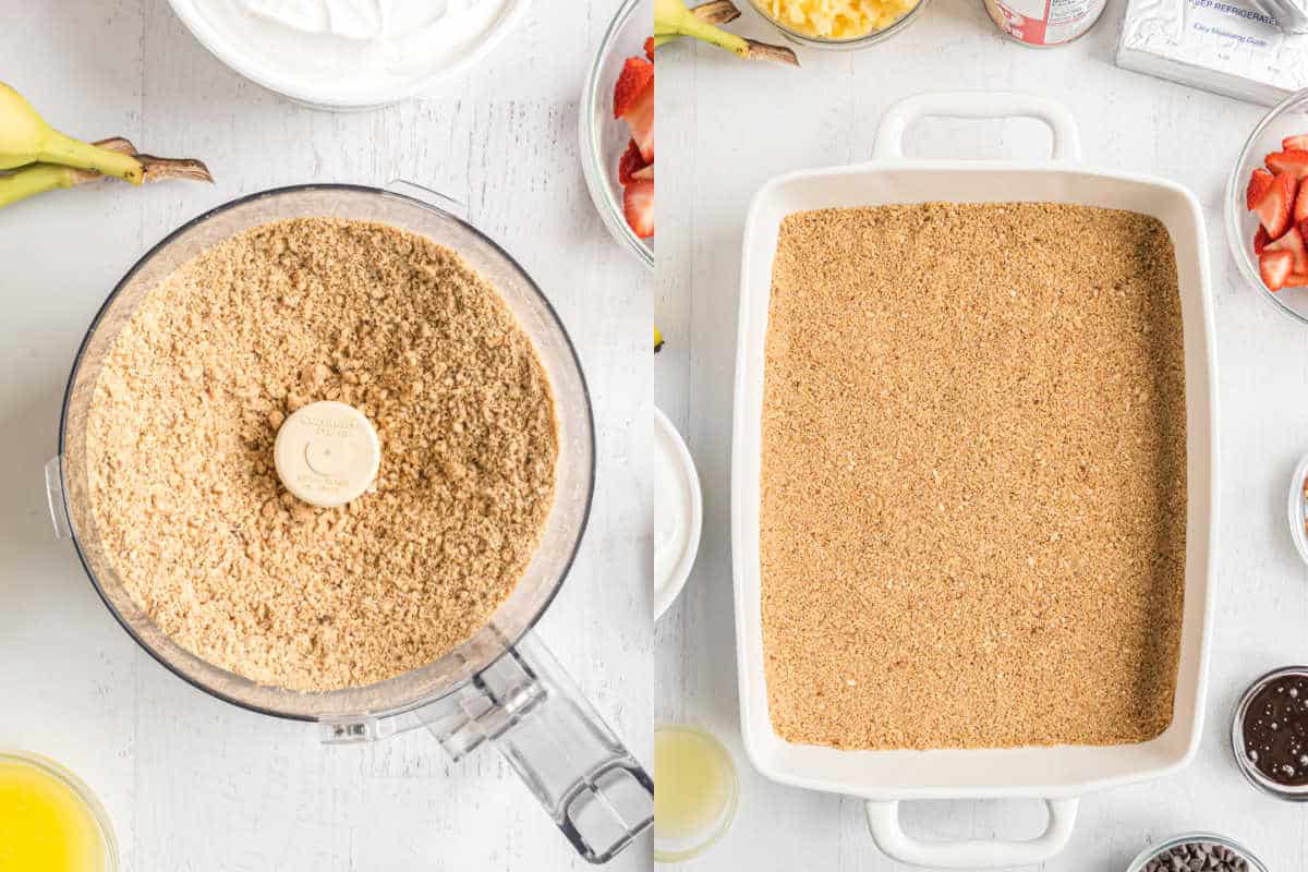Step by step phootos showing how to make graham cracker crust.