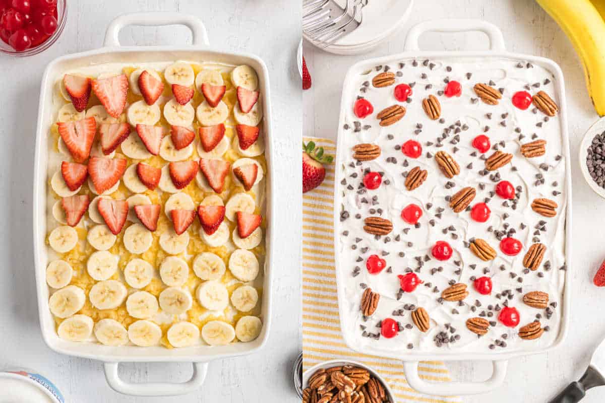 Step by step photos showing how to top banana split bars.