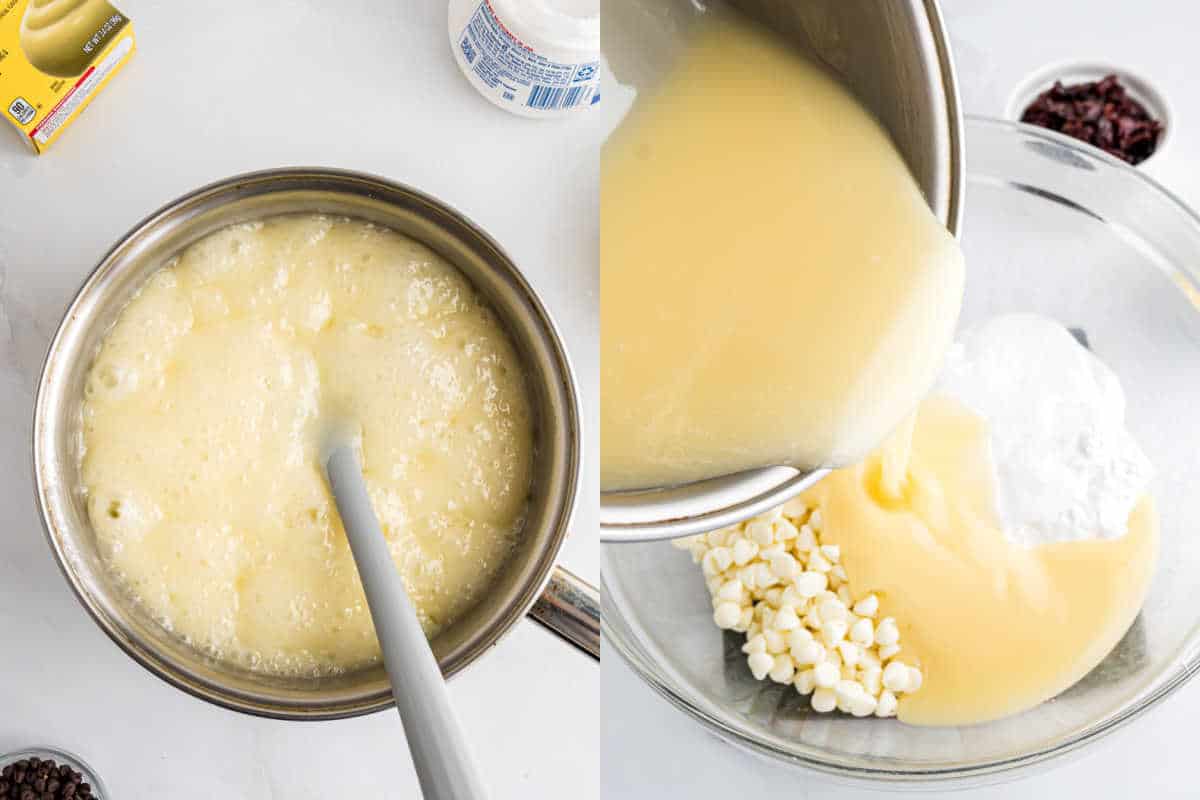 Left: bubbling Banana Split Fudge mixture in a pot. Right: pouring mixture over white chips and cream in a bowl.