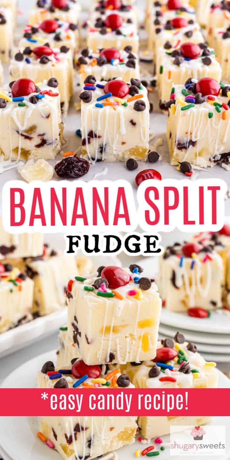 Squares of Banana Split Fudge topped with sprinkles, chocolate chips, and cherries are artfully arranged on white plates.