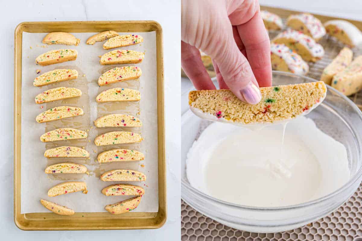 Left: Birthday cake biscotti with sprinkles on a baking tray. Right: Hand dipping biscotti into white icing in a glass bowl.