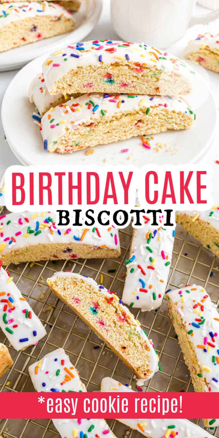 Birthday cake biscotti with white icing and rainbow sprinkles on plates and a cooling rack; this easy birthday cake biscotti recipe is perfect for celebrations.