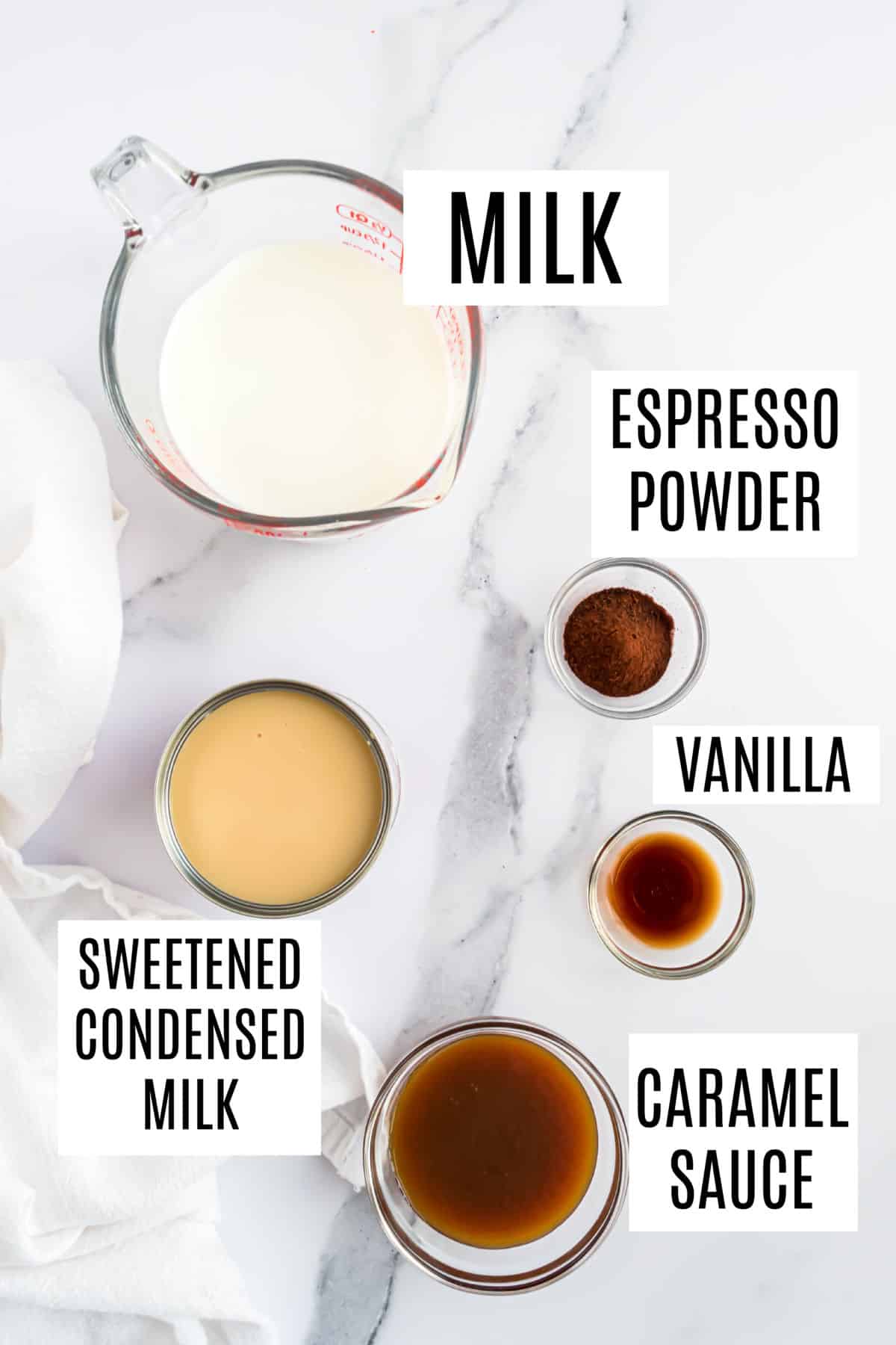 Ingredients needed to make caramel macchiato coffee creamer.