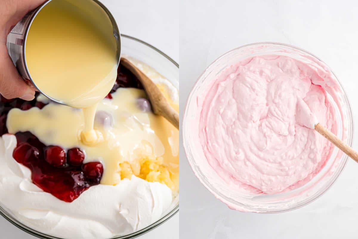 Left: Sweetened condensed milk poured into fruit and whipped cream. Right: Cherry dump salad—pink creamy mixture in a bowl with a spoon.