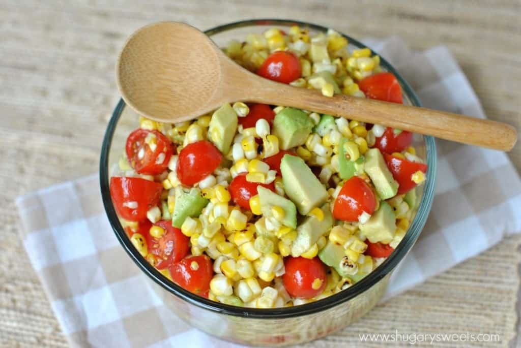 Roasted Corn Salad with Honey Lime Dressing, tomatoes and avocado! A new favorite!