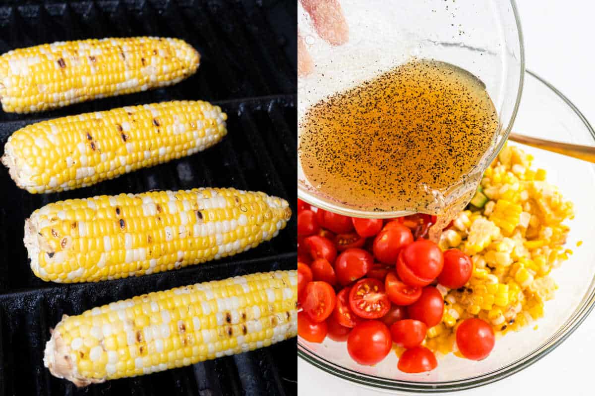 Four corn cobs on a grill and a bowl of roasted corn salad with cherry tomatoes, with dressing being poured in.