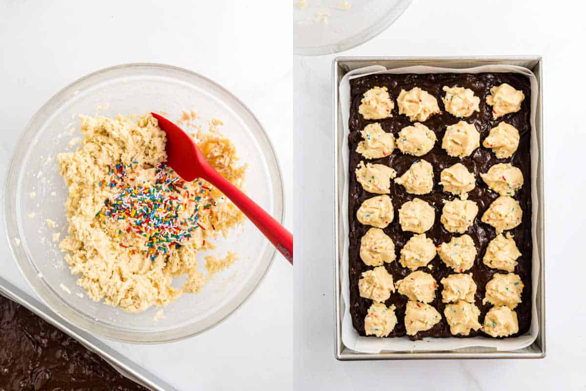 Left: Sugar brookies dough with sprinkles in a bowl; right: dough scoops on brownie batter in a baking pan.