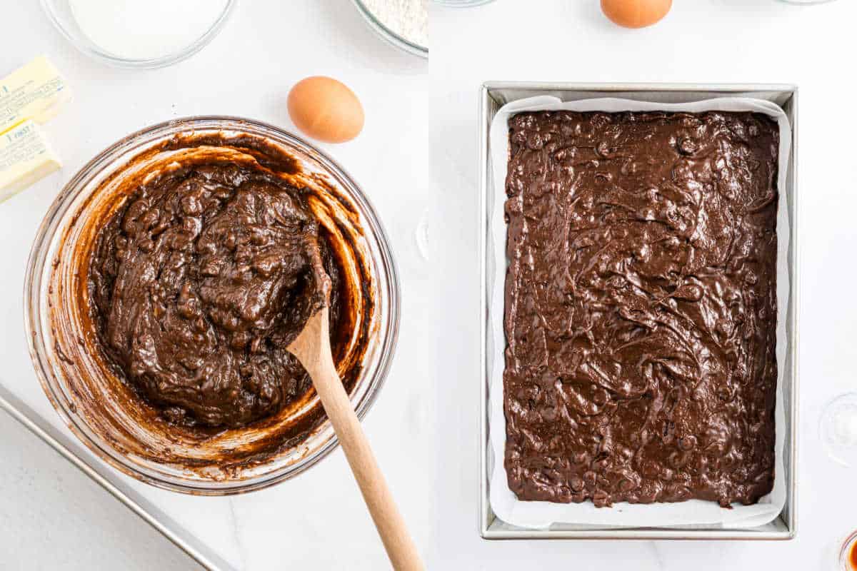 Brownie batter in a bowl with a wooden spoon and in a lined baking pan, ready to be baked into delicious sugar brookies.