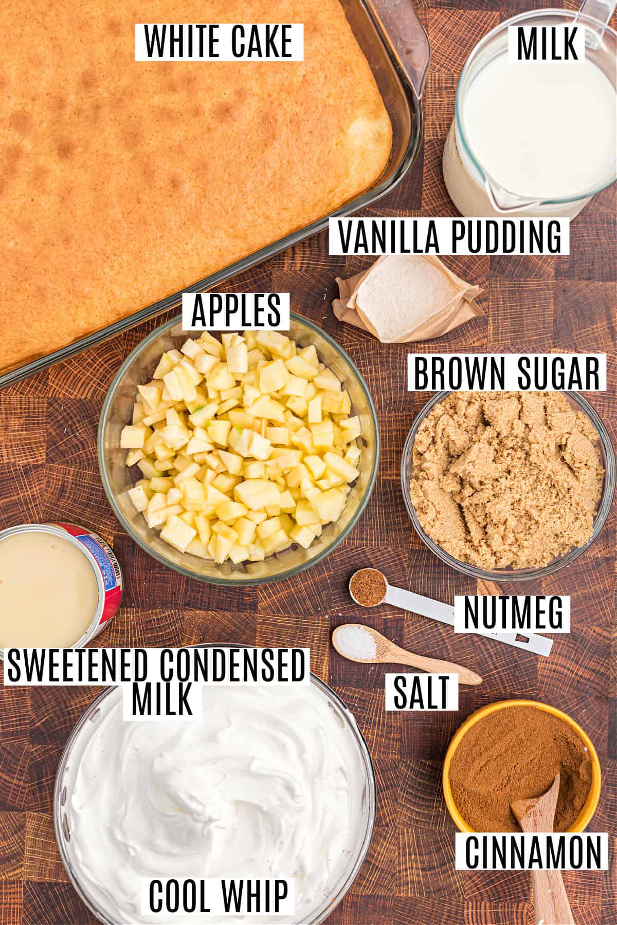 Ingredients needed to make apple pie poke cake.