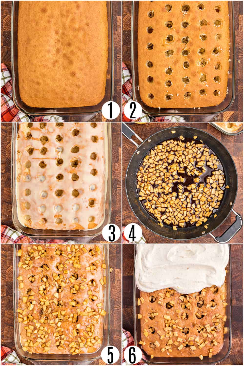 Step by step photos showing how to make apple pie poke cake.