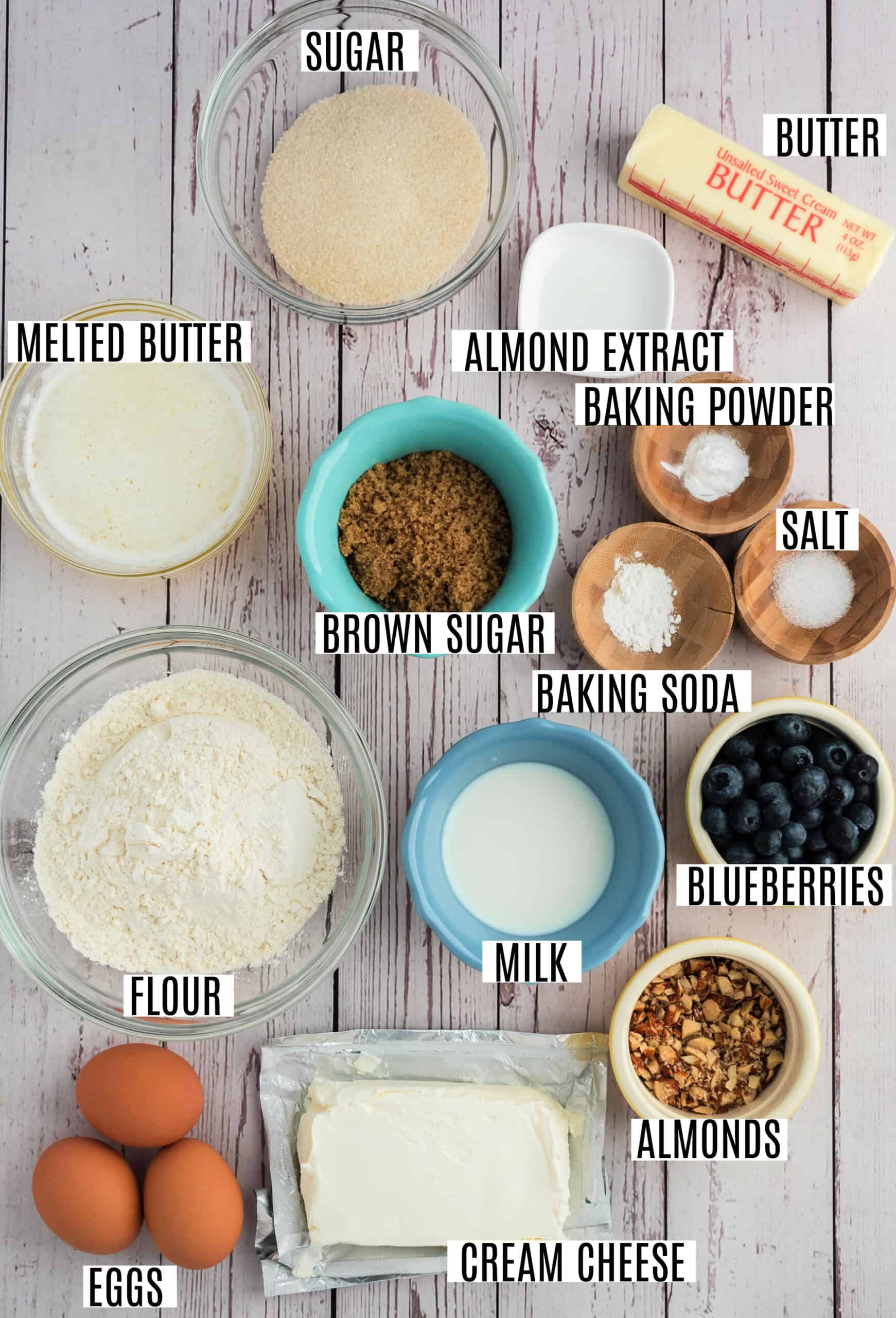 Ingredients needed to make blueberry coffee cake.