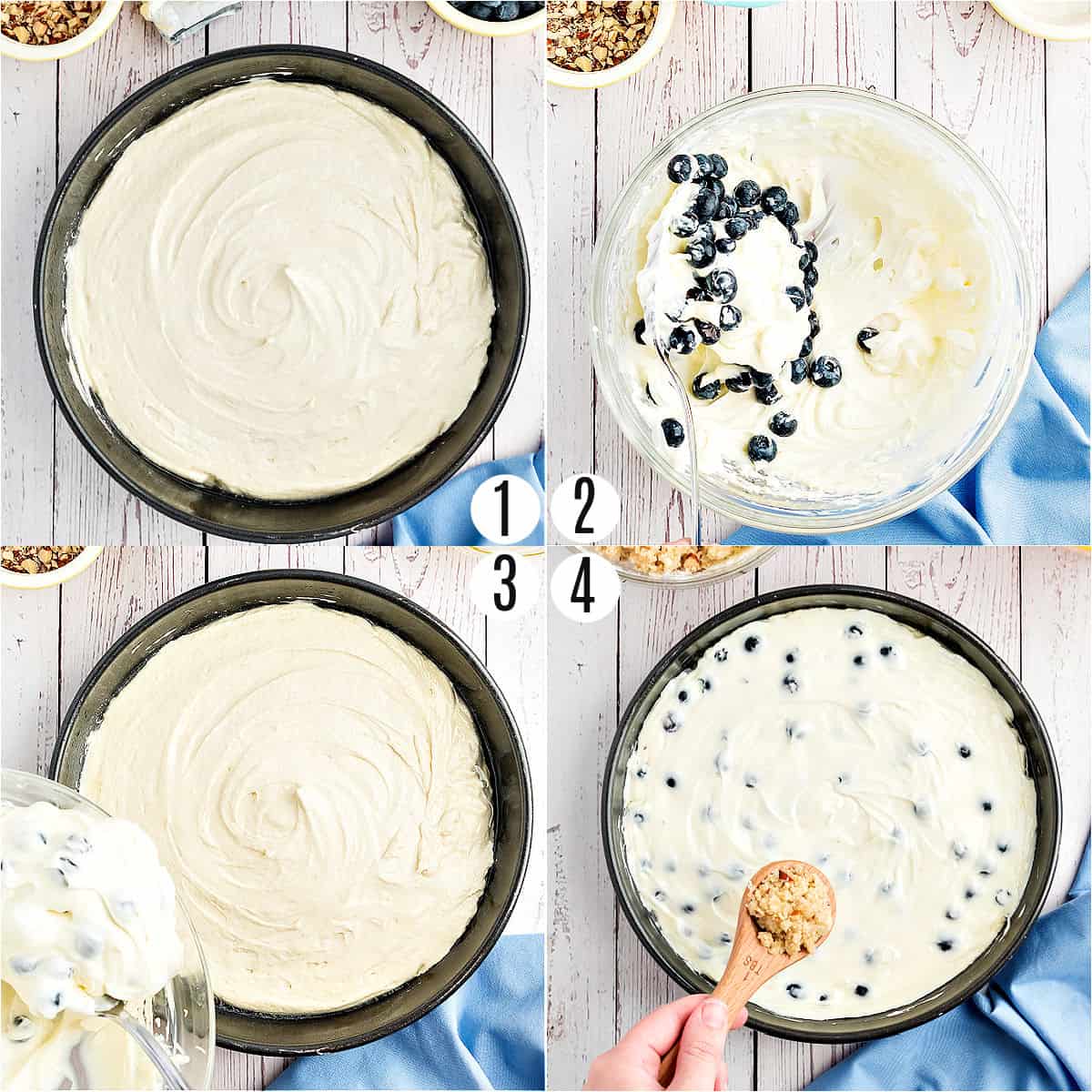 Step by step photos showing how to make blueberry cream cheese coffee cake.